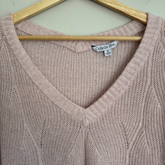 Ophelia Roe Sweater Size 1X Pink Braided Knit V-Neck Chunky Cabincore Preppy - Picture 4 of 9